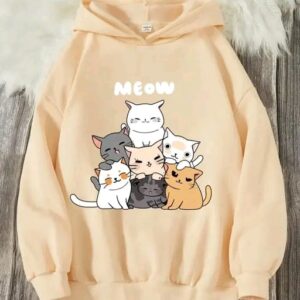 Home cute cat print hooded sweatshirt – meow design hoodie